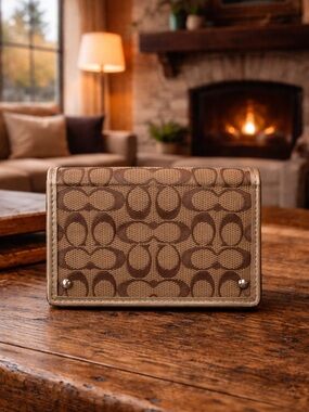 Coach Signature Canvas Brown Card Holder 3x3 NWT